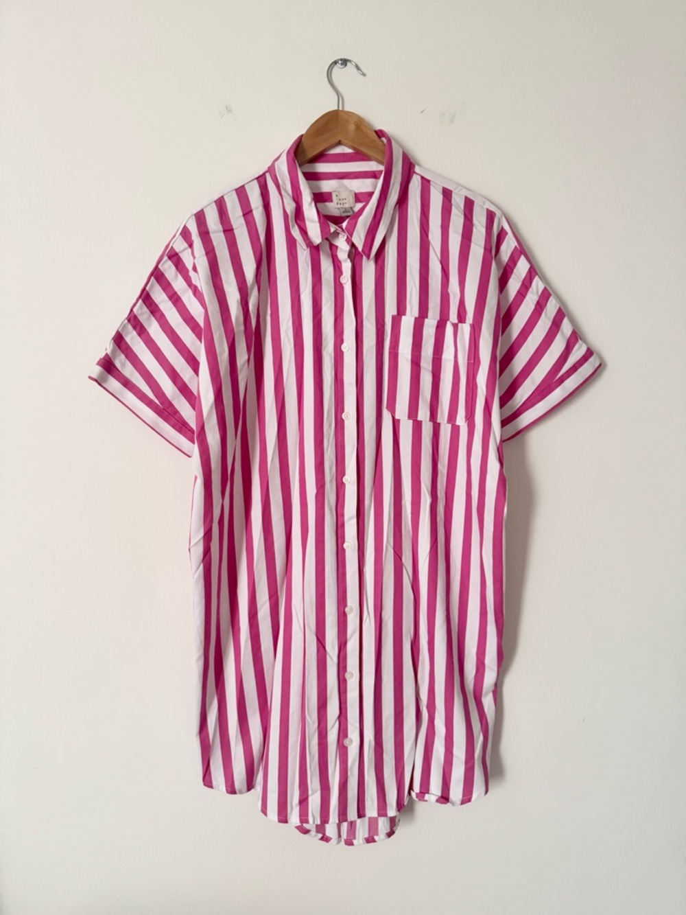 A New Day Pink White Striped Oversized Button Down Shirt Dress Size L